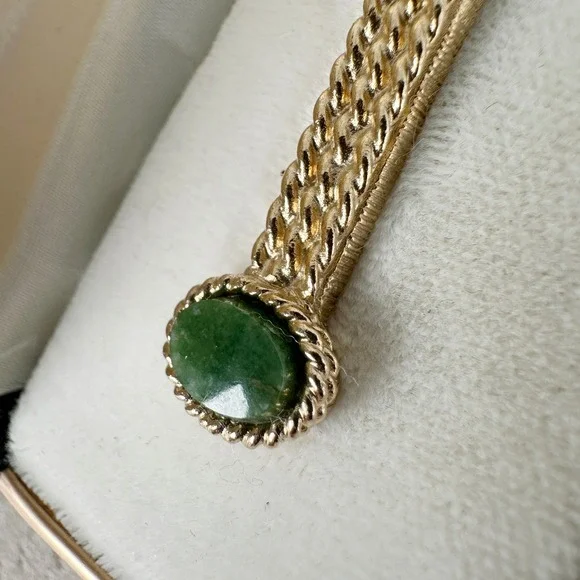 Vintage Swank Gold Tone Tie Clip Jade Green Stone Rope Twist in Original Box